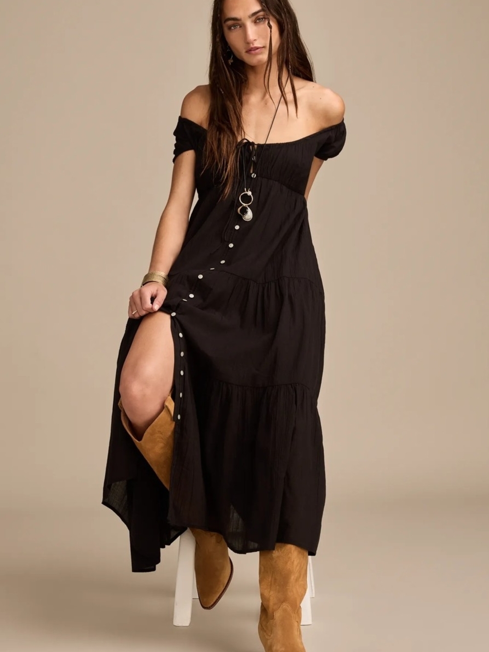Lucky Brand Button Front Tiered Midi Dress